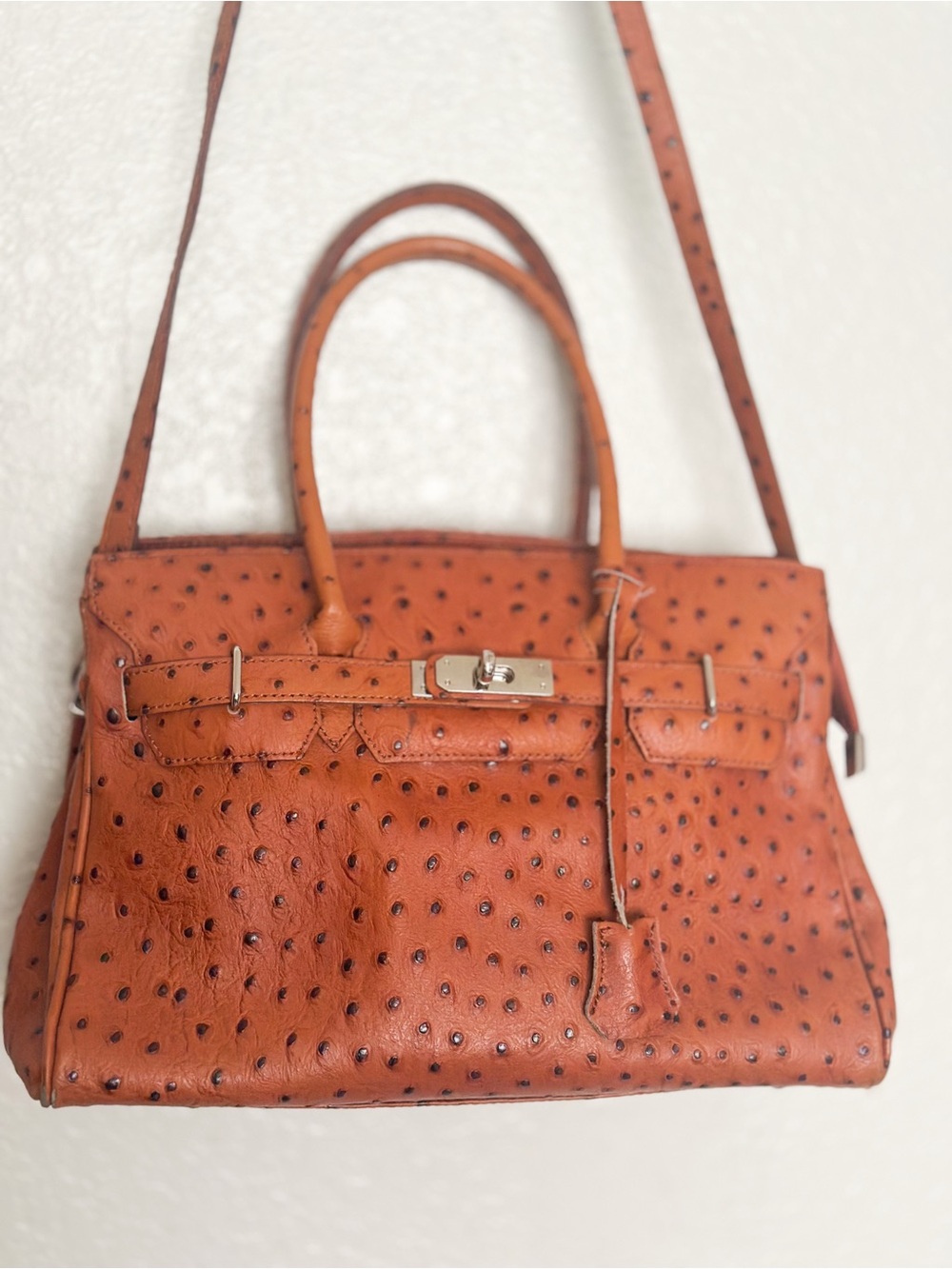 Borse In Pelle Classic Tan Genuine Leather Italy Made Ostrich Tote Handbag GUC